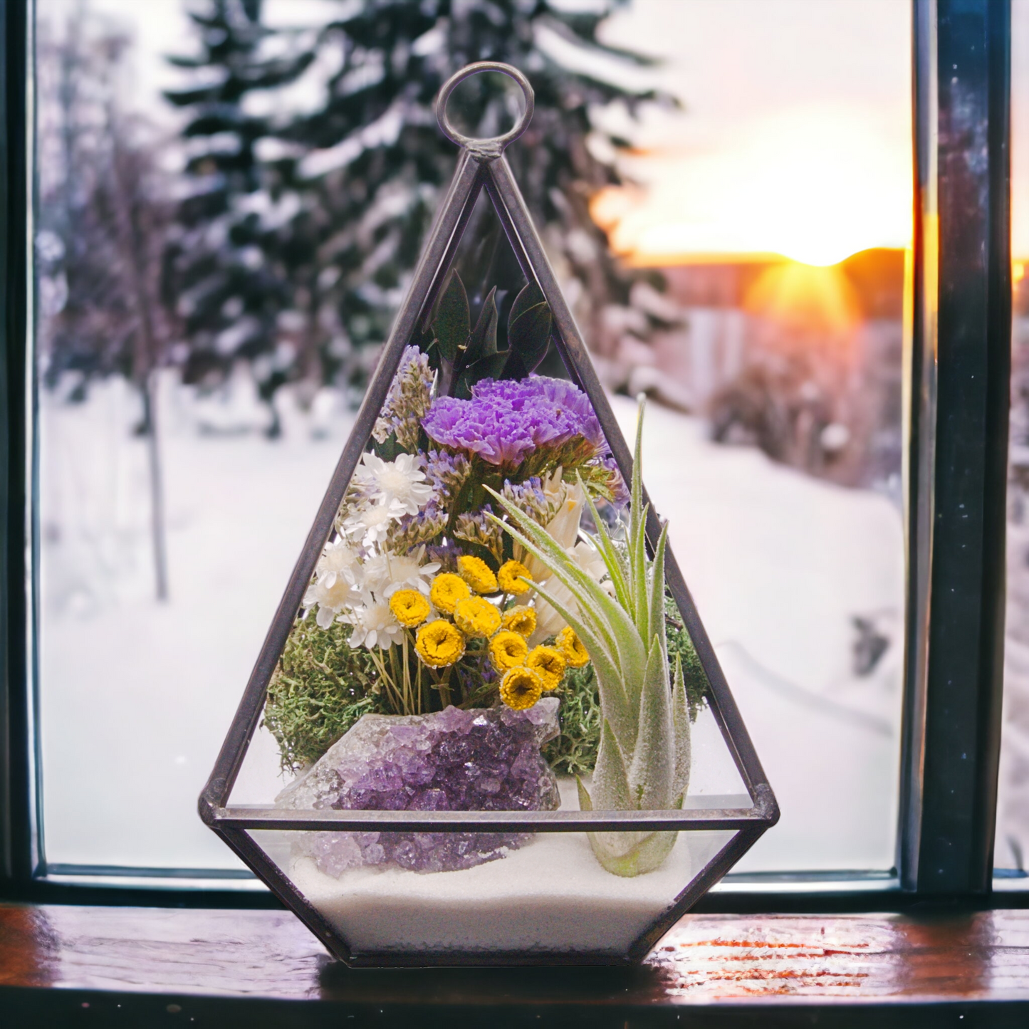 Black Victorian geometric terrarium with dried flowers, airplant and amethyst crystal