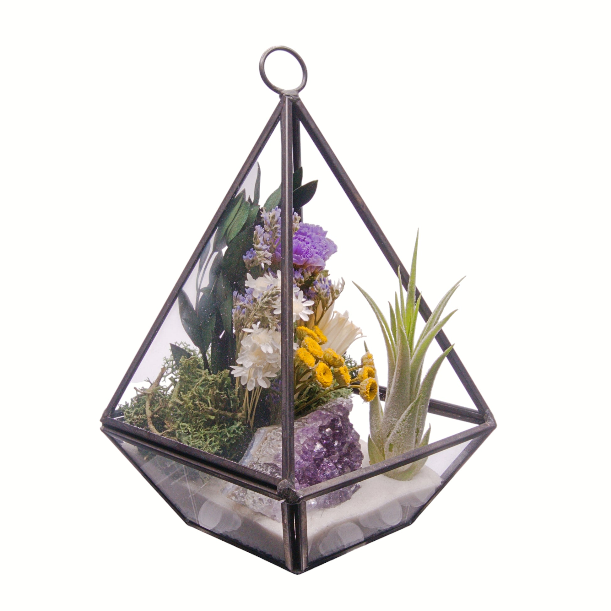 Black Victorian geometric terrarium with dried flowers, airplant and amethyst crystal