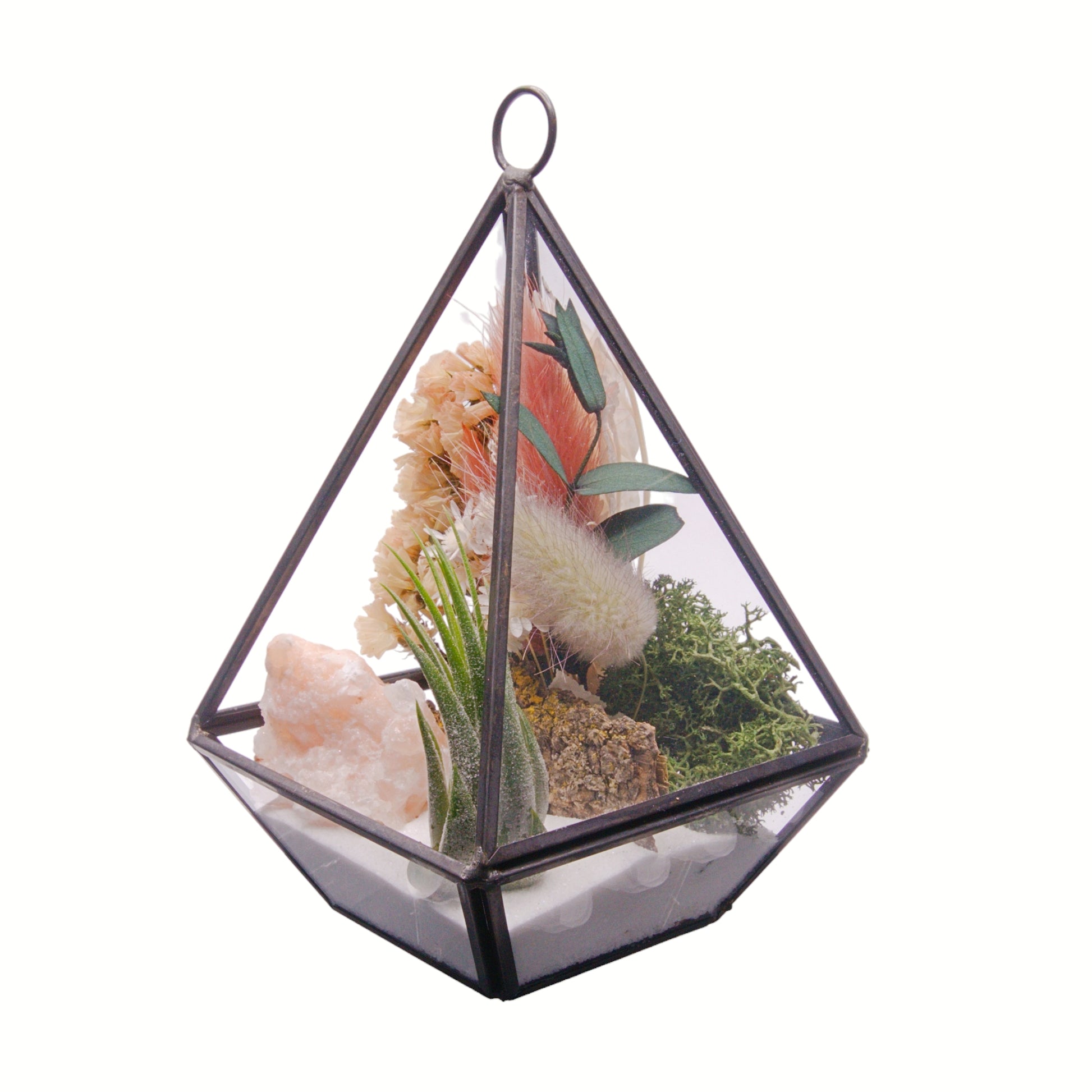 Black Victorian style triangle terrarium with airplant, dried flowers, tri-coloured calcite crystal