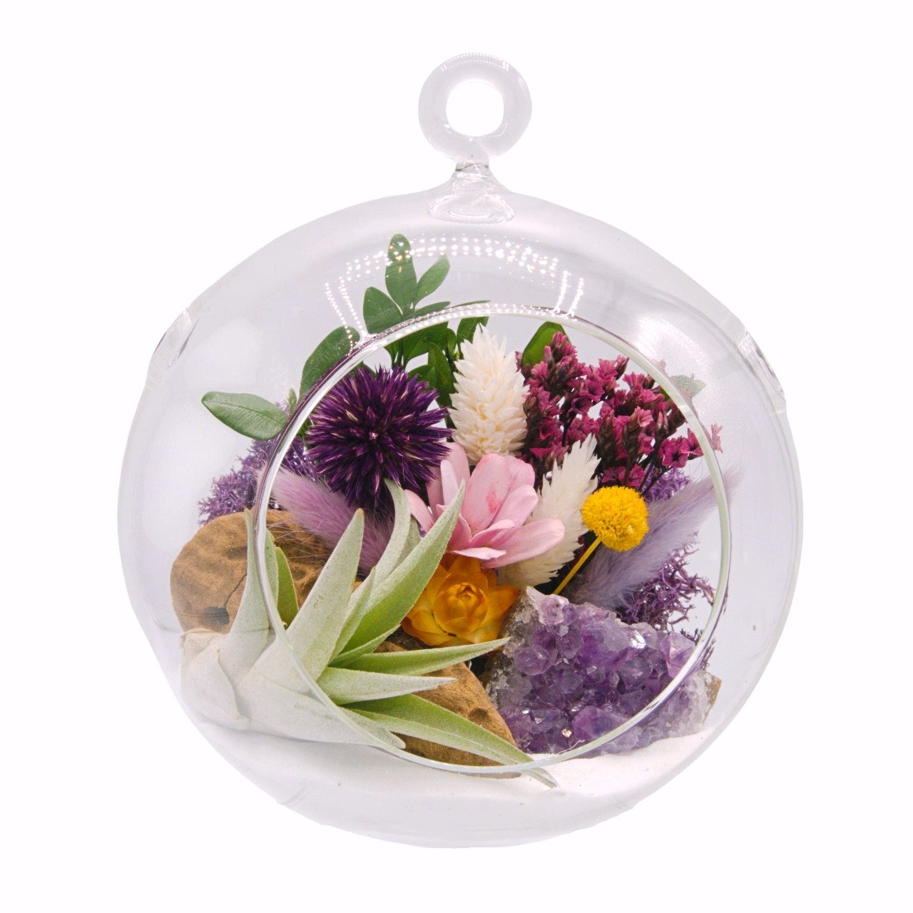airplant terrarium dried flowers and amethyst