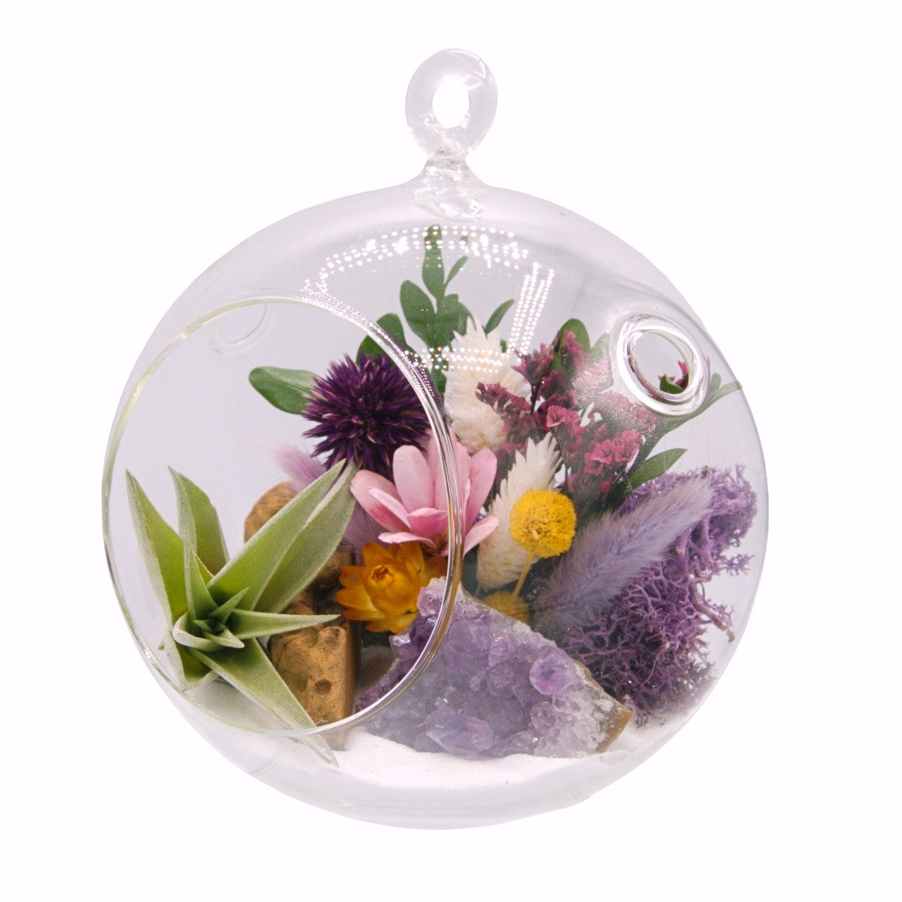 airplant terrarium dried flowers and amethyst