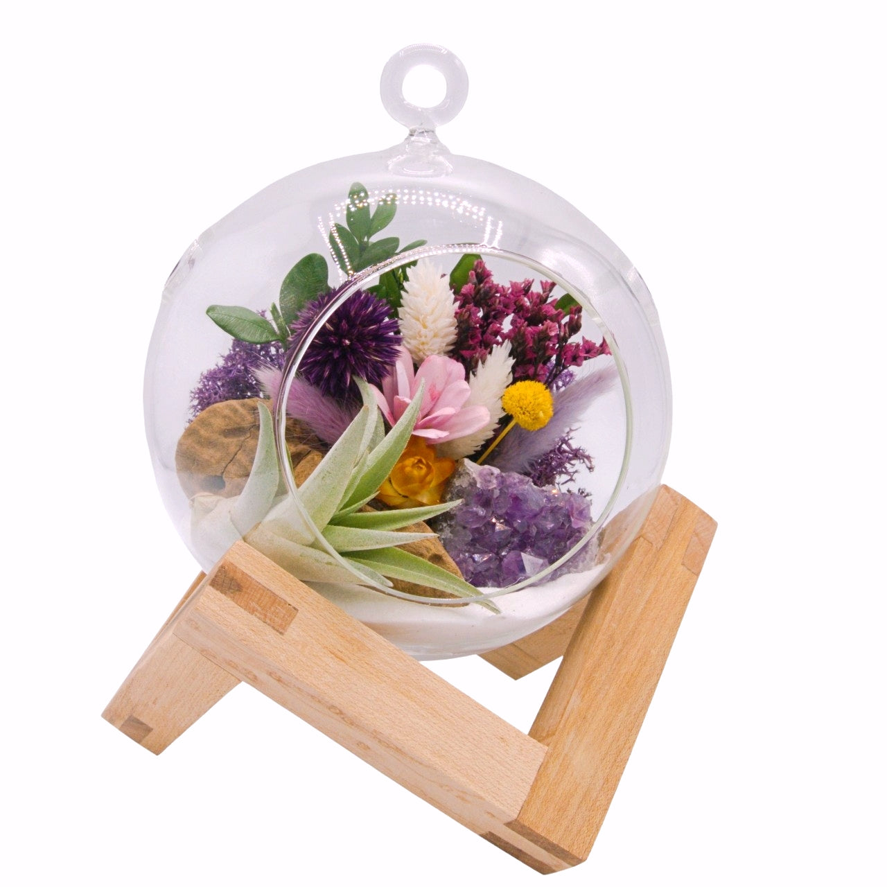 airplant terrarium dried flowers and amethyst