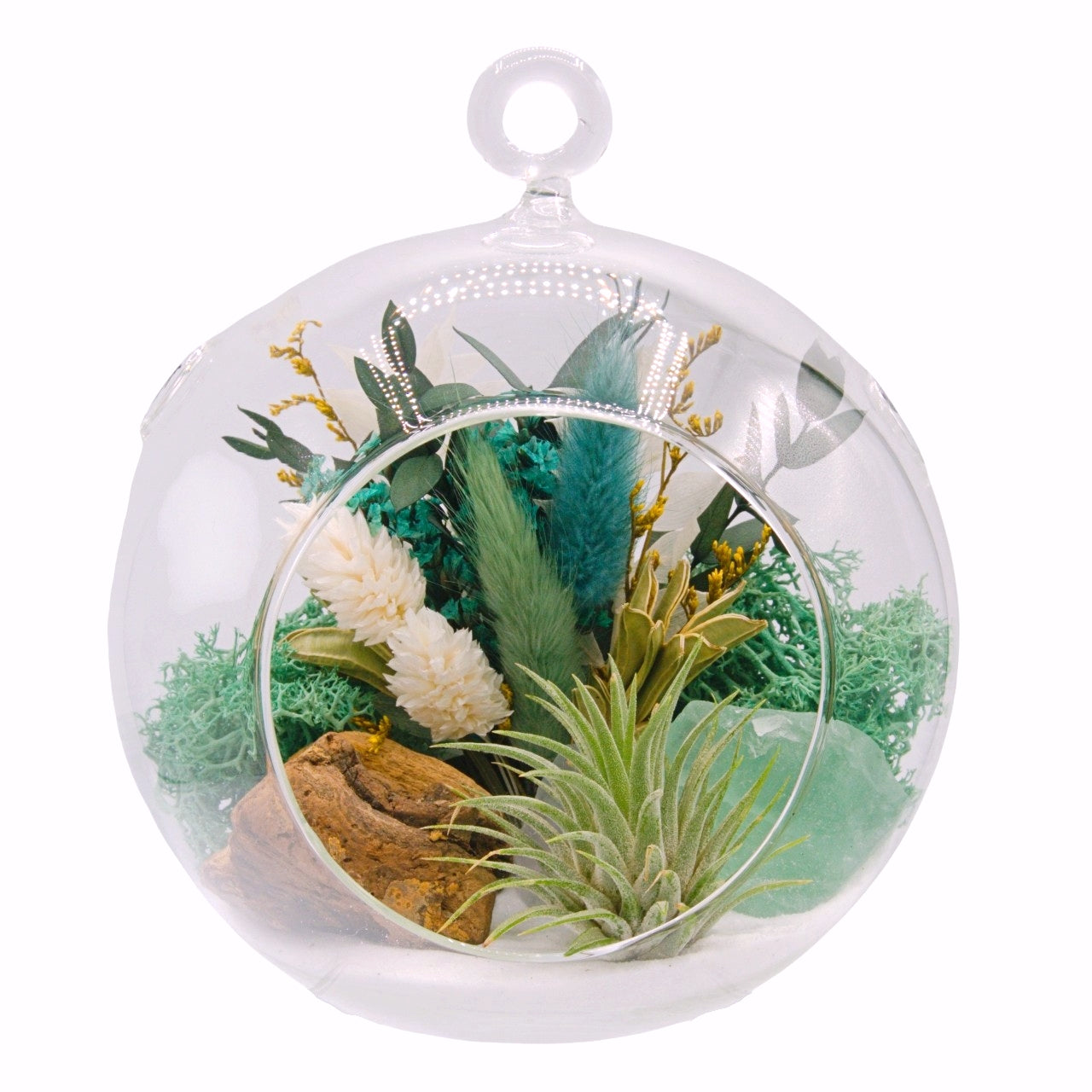 airplant terrarium with dried flowers and a fluorite crystal