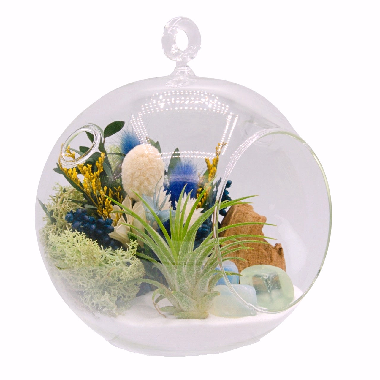 airplant terrarium with dried flowers and three opalite crystals