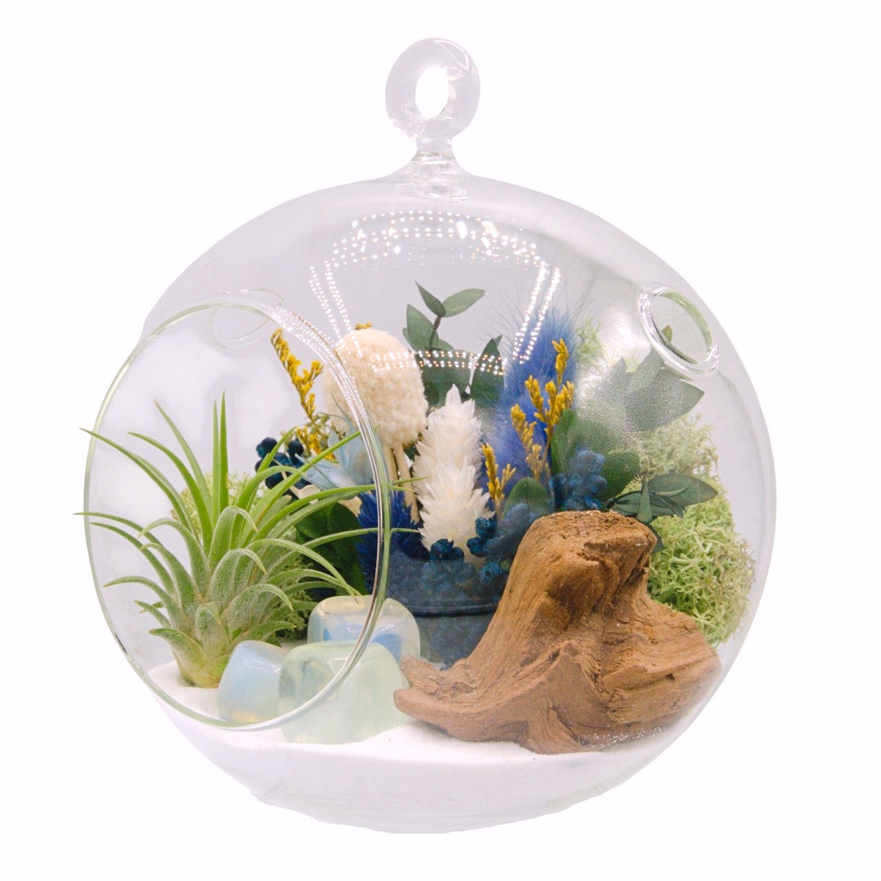 airplant terrarium with dried flowers and three opalite crystals