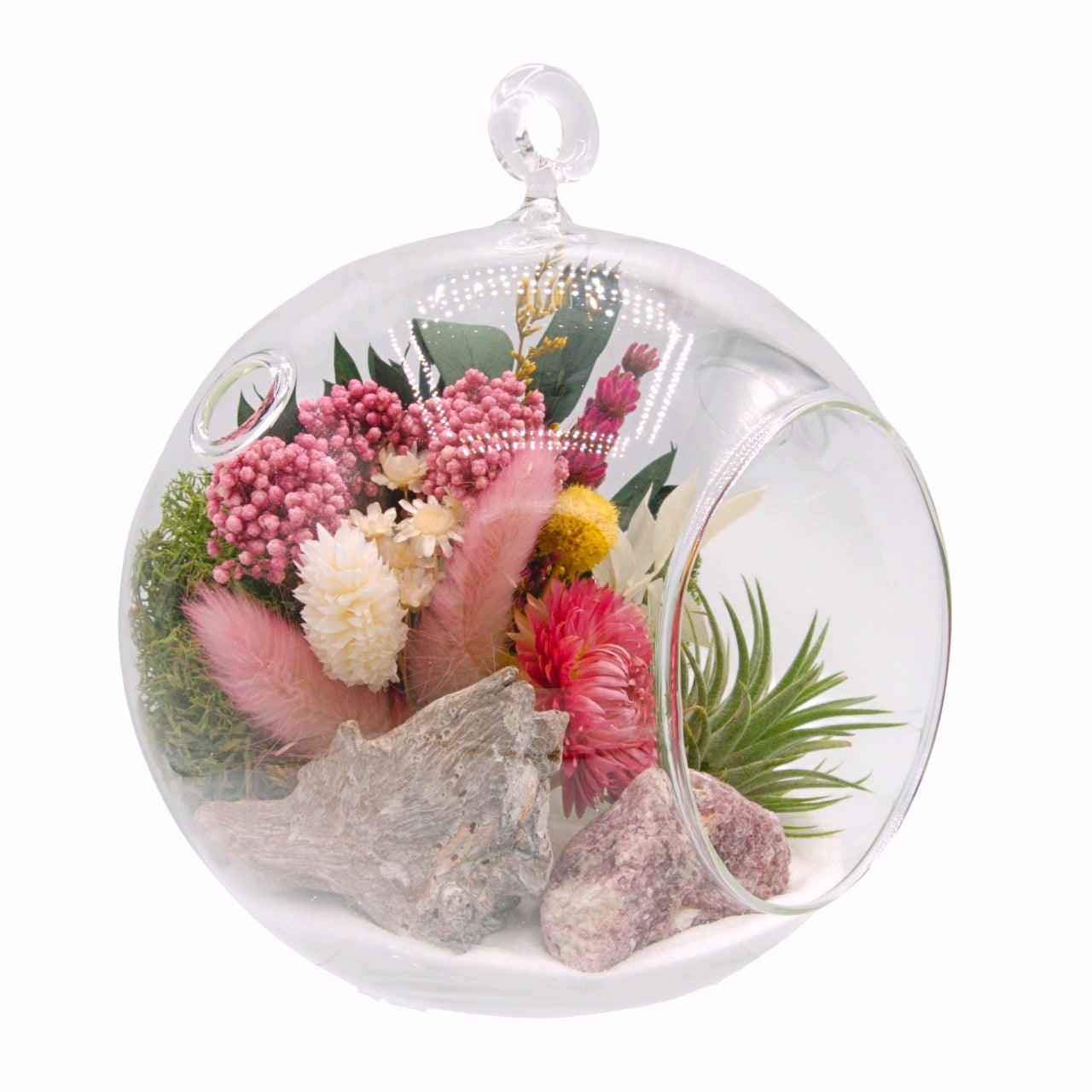 airplant terrarium with dried flowers, and a pink tourmaline crystal
