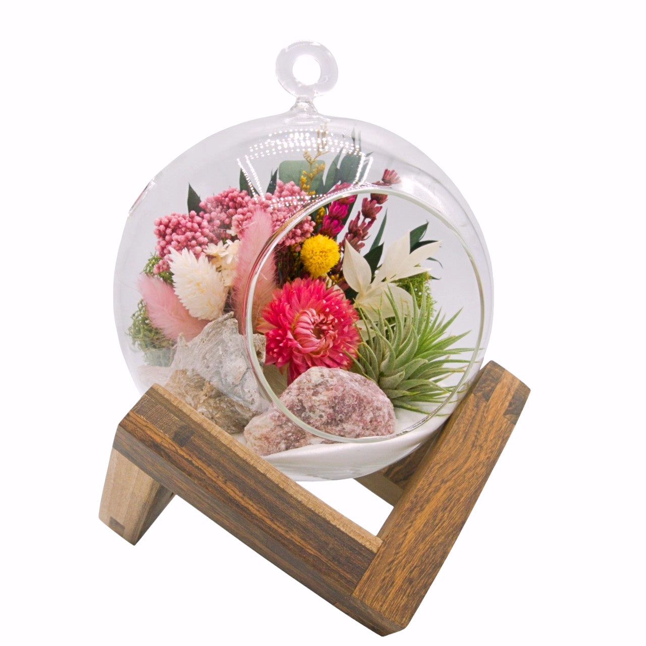 airplant terrarium with dried flowers, and a pink tourmaline crystal