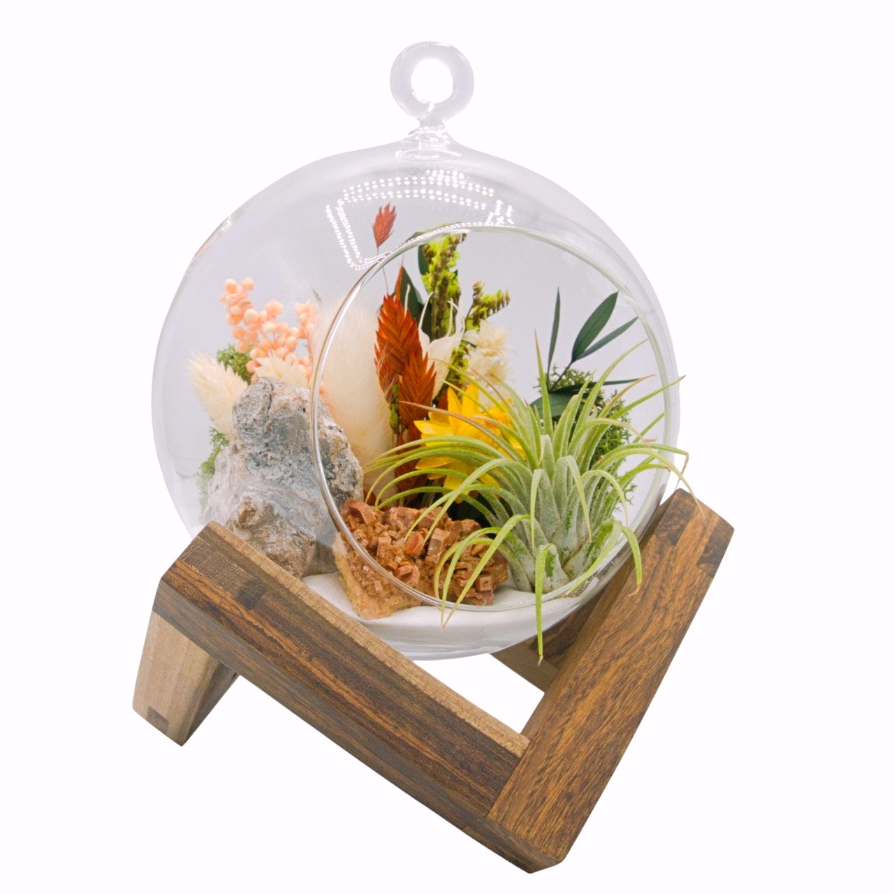 airplant terrarium with dried flowers and a vanadinite crystal