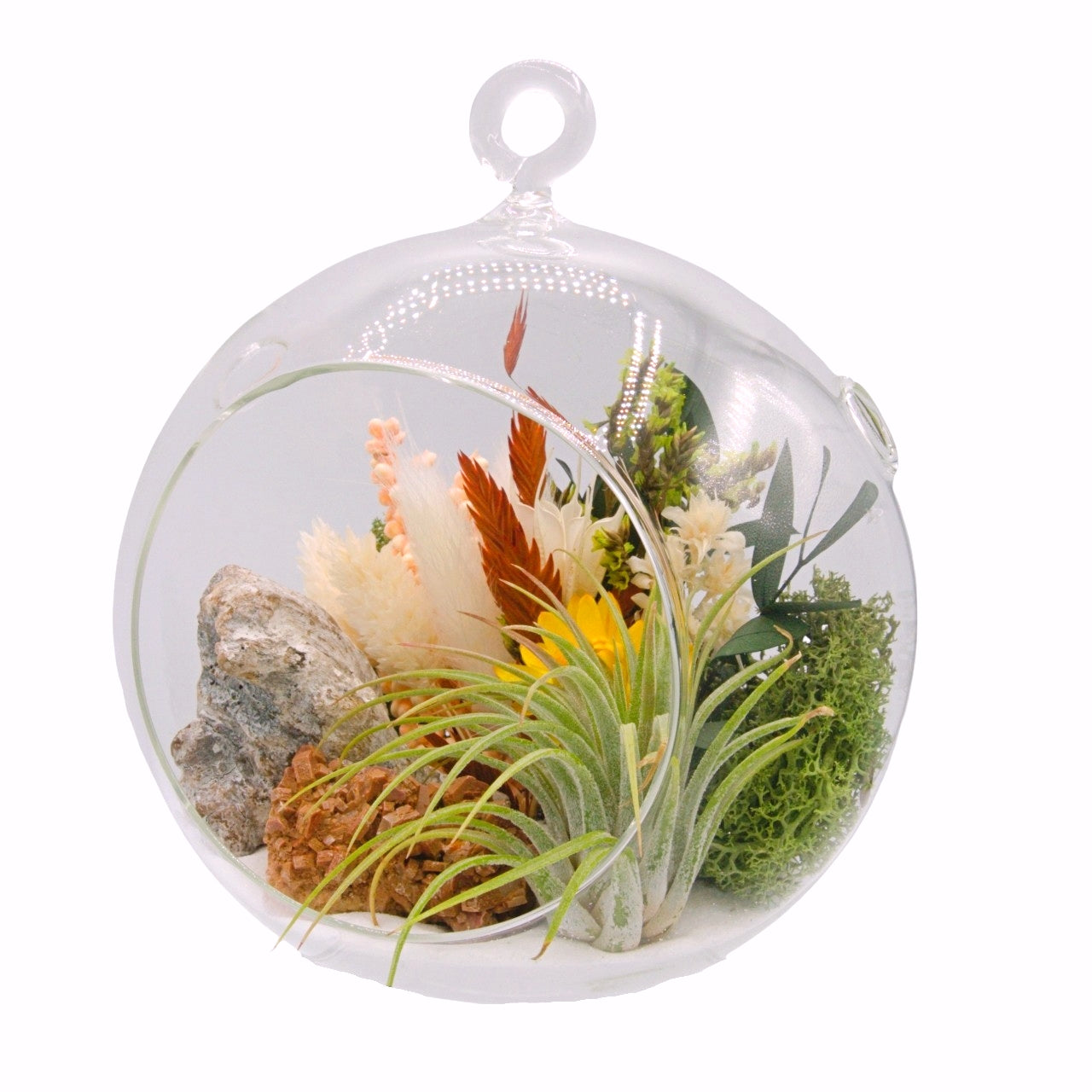 airplant terrarium with dried flowers and a vanadinite crystal