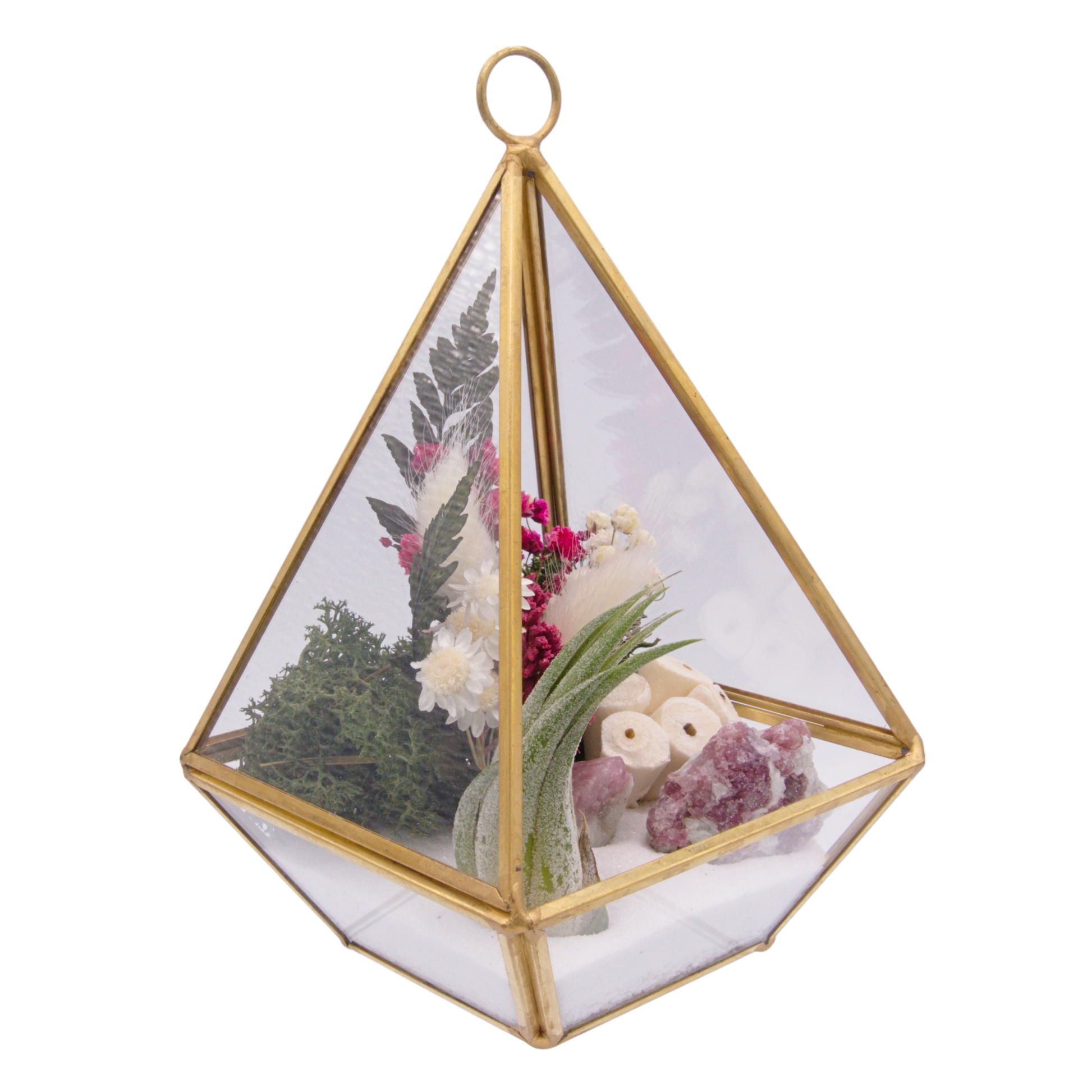 Victorian terrarium with sand, dried flowers, pink tourmaline crystals and an airplant