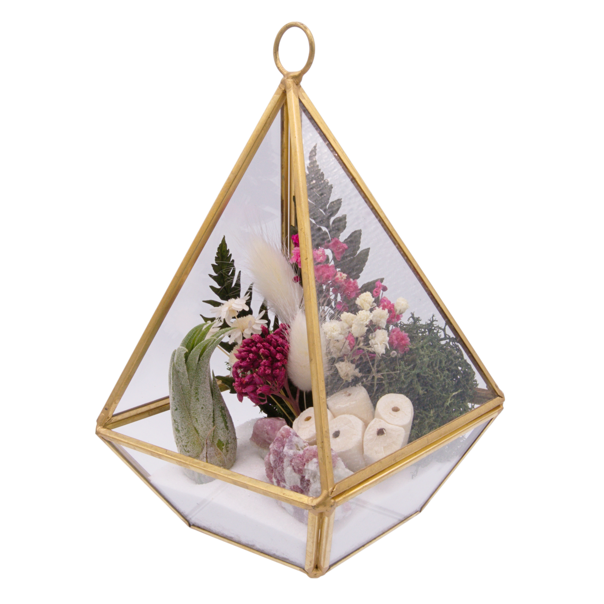 Victorian terrarium with sand, dried flowers, pink tourmaline crystals and an airplant
