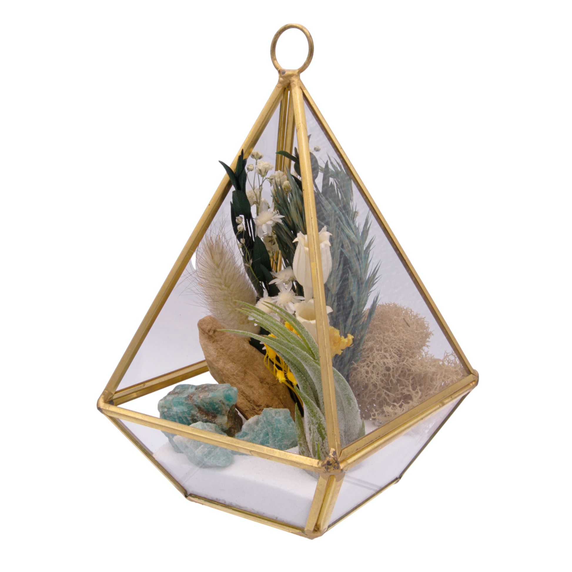 Victorian gold airplant terrarium with sand, dried flowers, moss, wood and amazonite crystals