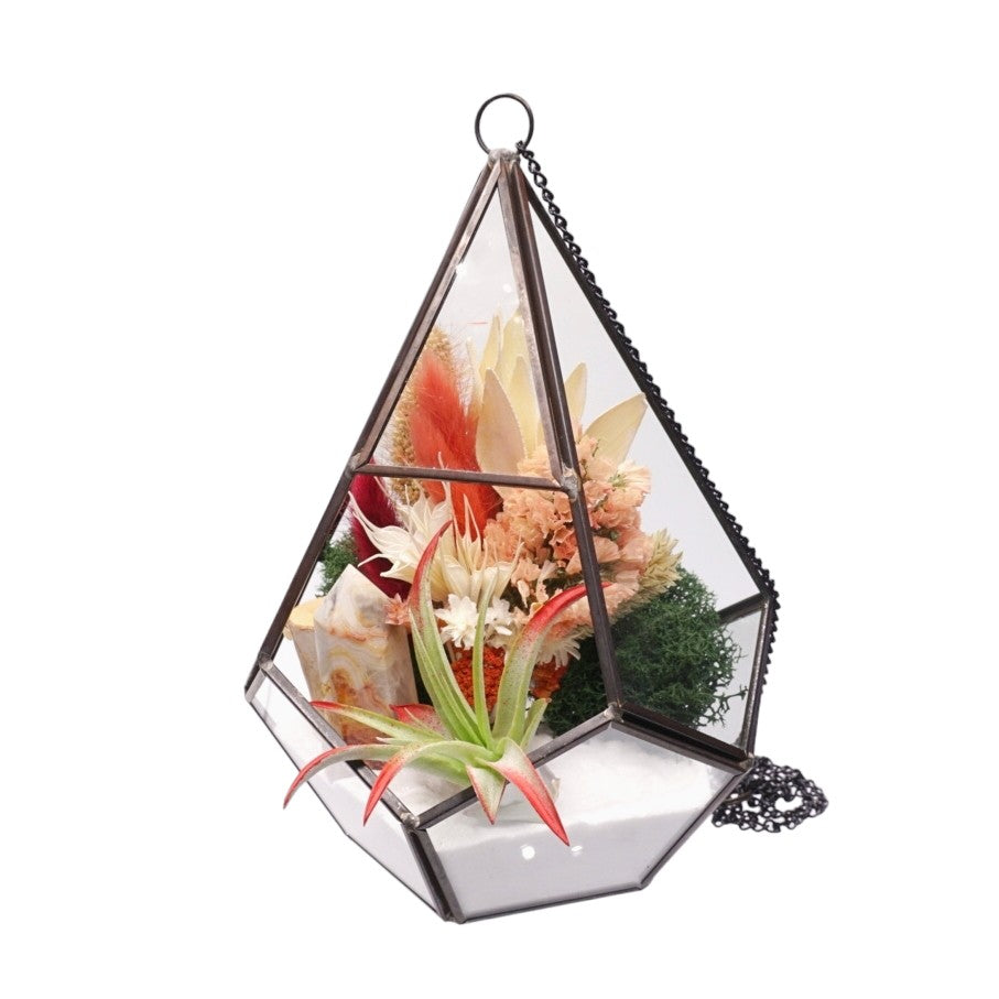 Grand Terrarium Victorien avec une plante aérienne et tour d'agate en dentelle.