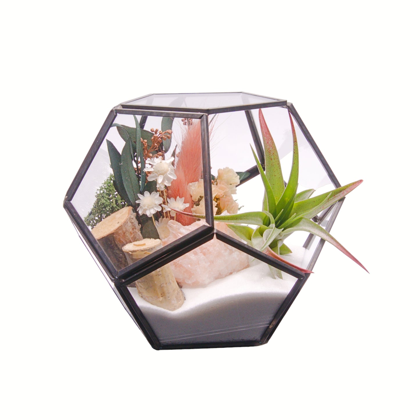 Black Victorian bowl terrarium with airplant, sand, dried flowers, moss, wood and tri-coloured calcite crystal