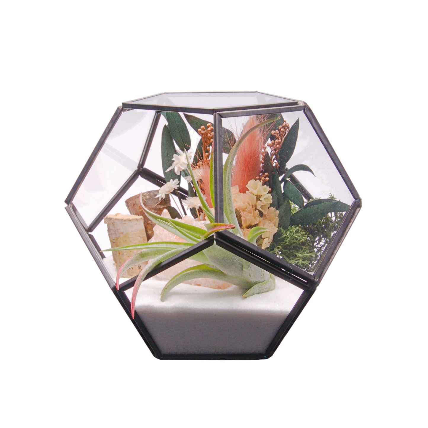 Black Victorian bowl terrarium with airplant, sand, dried flowers, moss, wood and tri-coloured calcite crystal