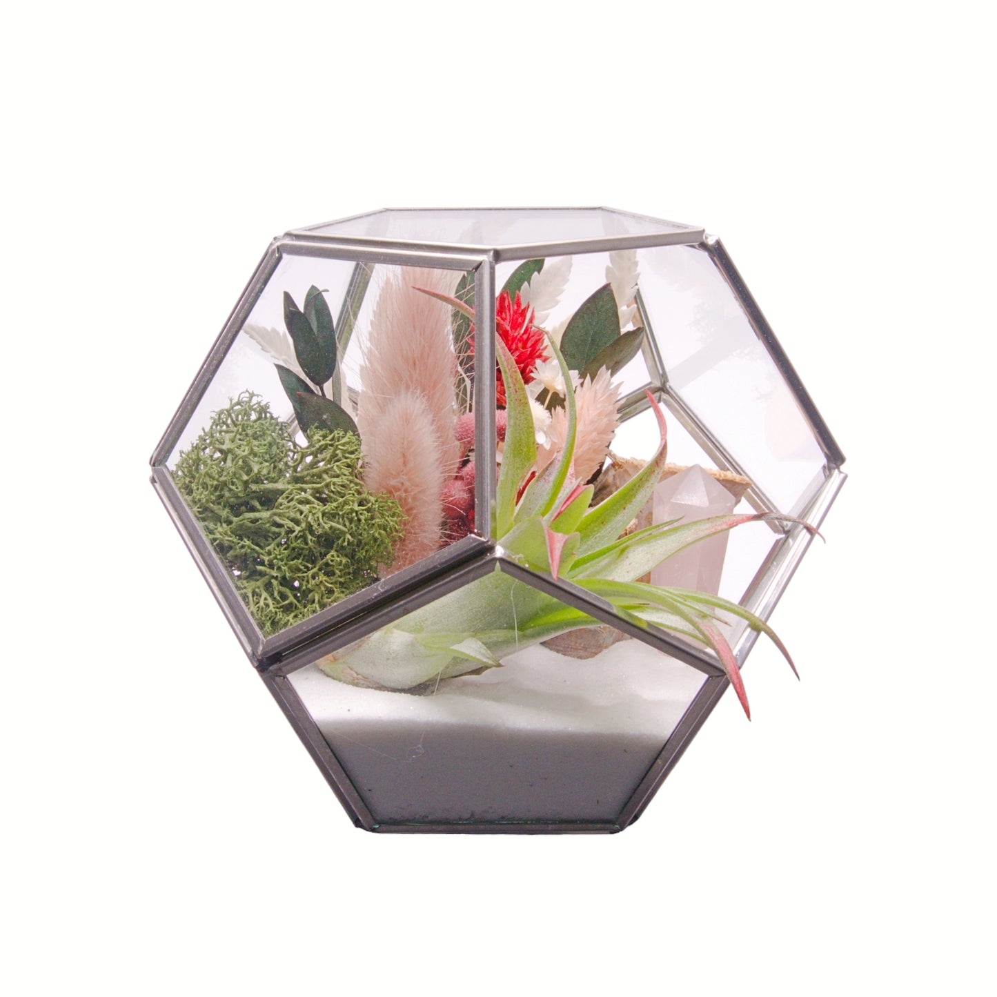 Silver Victorian bowl airplant terrarium with sand, dried flowers, wood, moss and a rose quartz crystal point