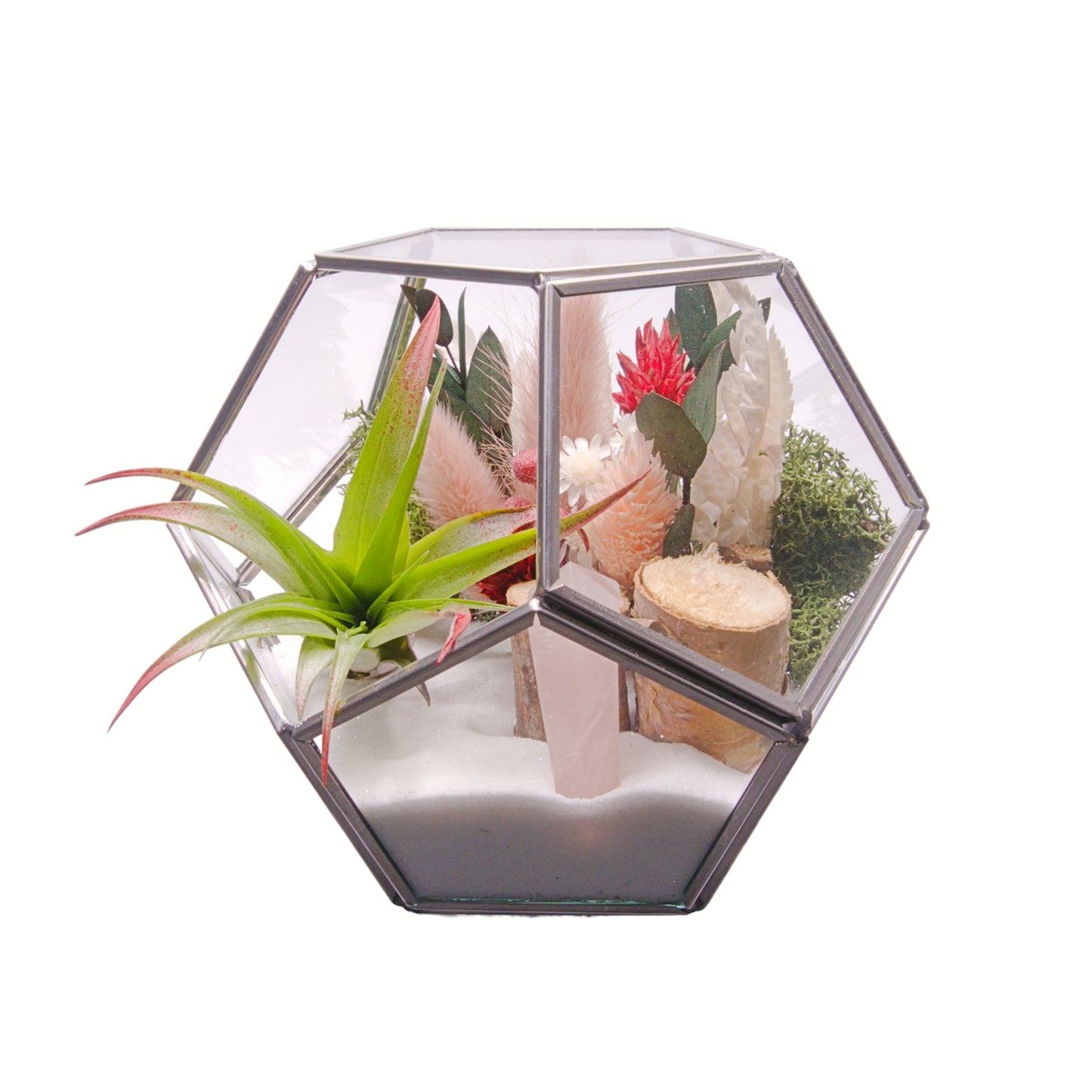 Silver Victorian bowl airplant terrarium with sand, dried flowers, wood, moss and a rose quartz crystal point