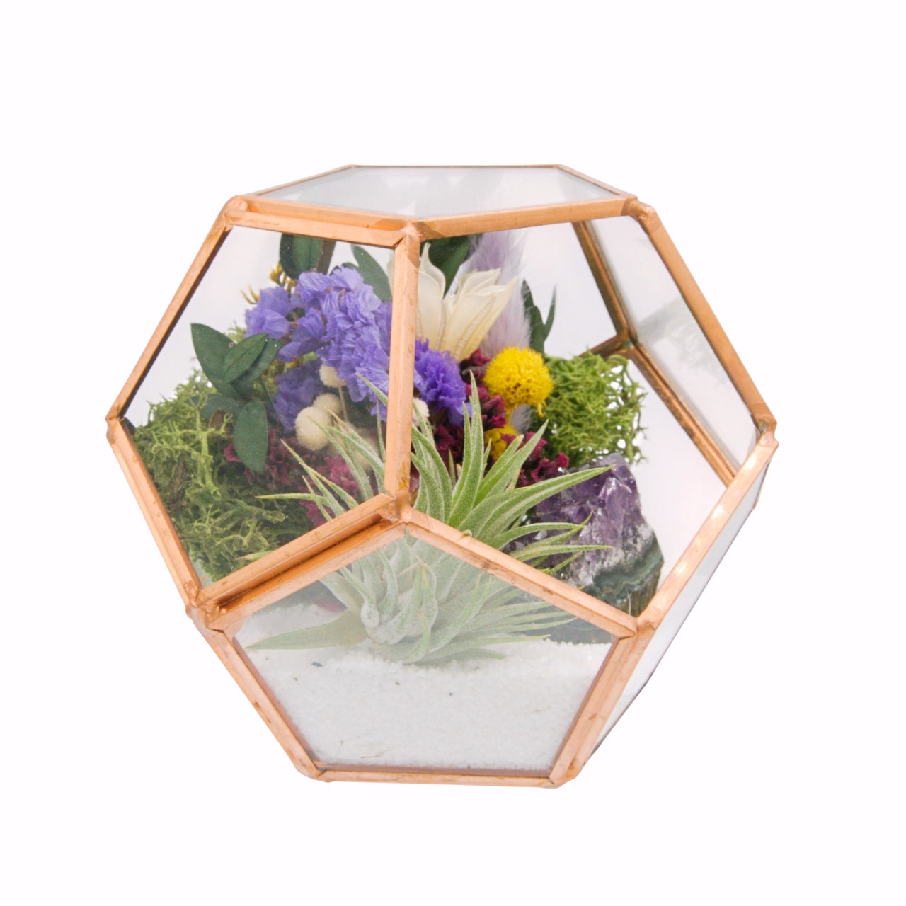 rose gold victorian style terrarium with dried flowers, an amethyst crystal and an airplant