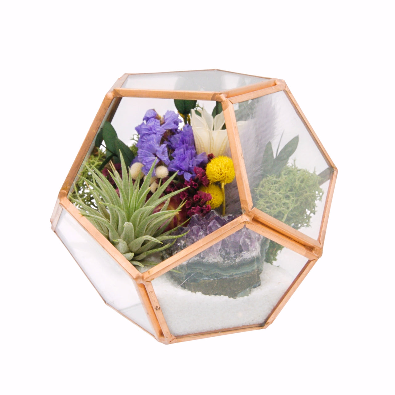 rose gold victorian style terrarium with dried flowers, an amethyst crystal and an airplant