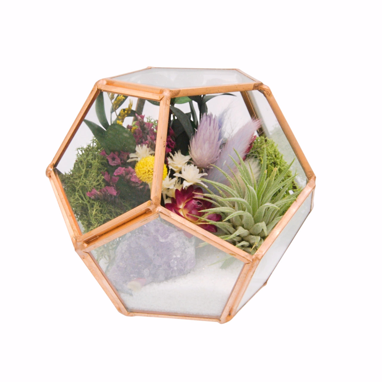 rose gold victorian style terrarium with dried flowers, an amethyst crystal and an airplant
