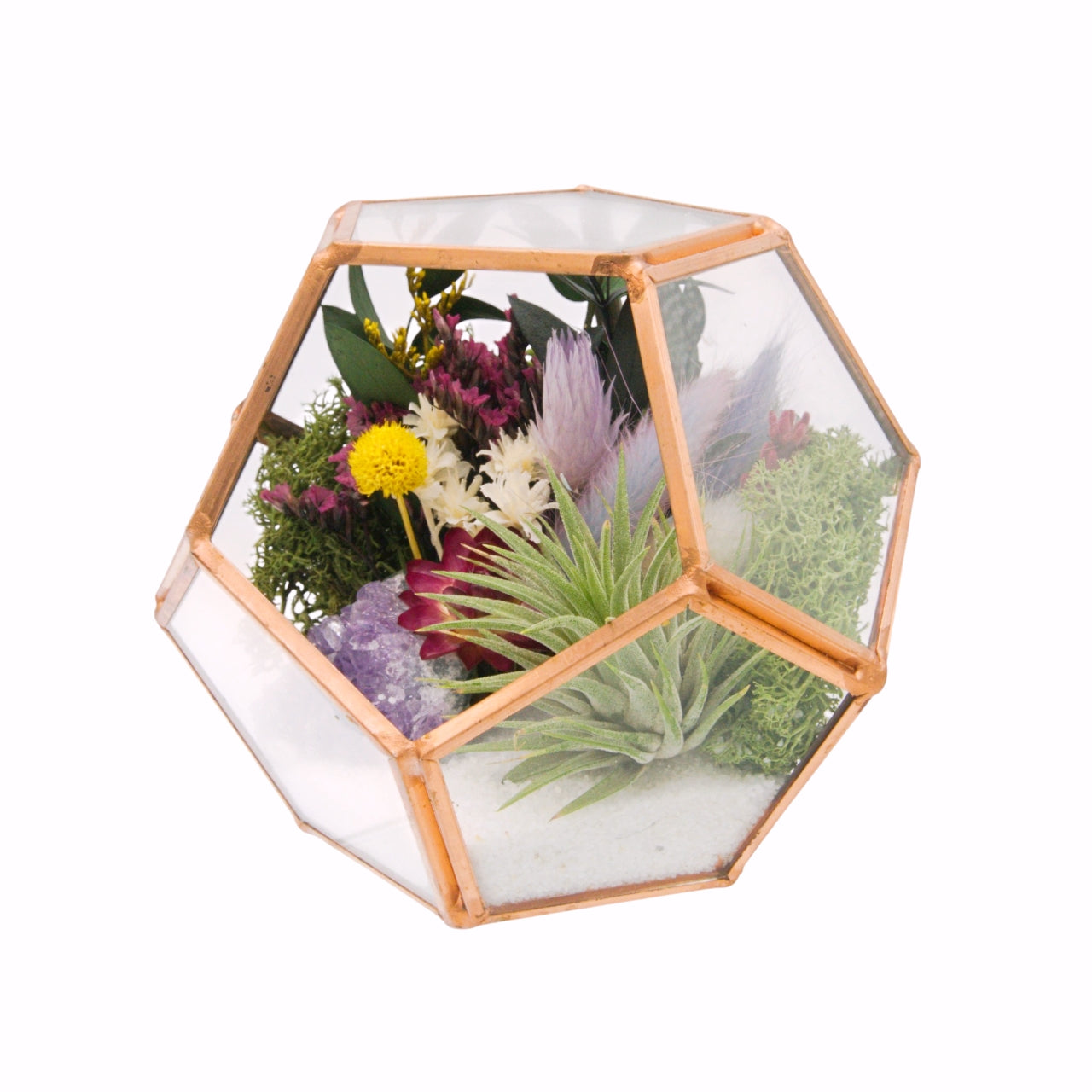 rose gold victorian style terrarium with dried flowers, an amethyst crystal and an airplant