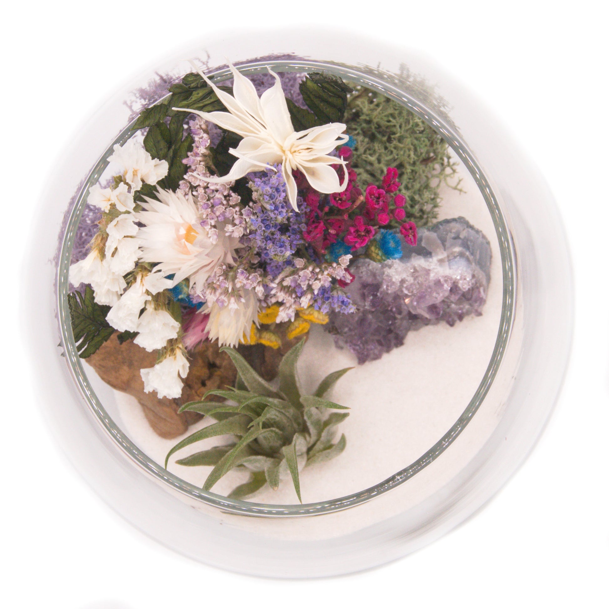 Airplant terrarium in a glass bowl with a bouquet of dried flowers, moss, wood and a raw amethyst crystal.