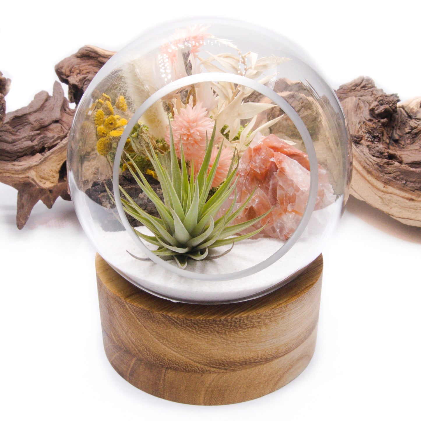 Bubble airplant terrarium with tri-coloured calcite crystal