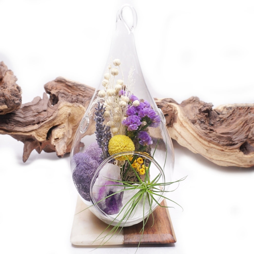 Glass teardrop terrarium with a bouquet of dried flowers with purple accents, a chevron amethyst crystal and an airplant