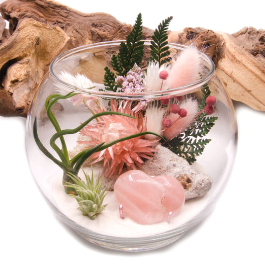 Terrarium à bol - cœur de quartz rose